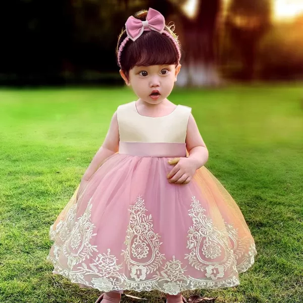 Lace Flower Girl Bowknot Tutu Dress for Kids Baby Christening Baptism Communion Birthday Party Wedding DressesHeadwearDusty Pink