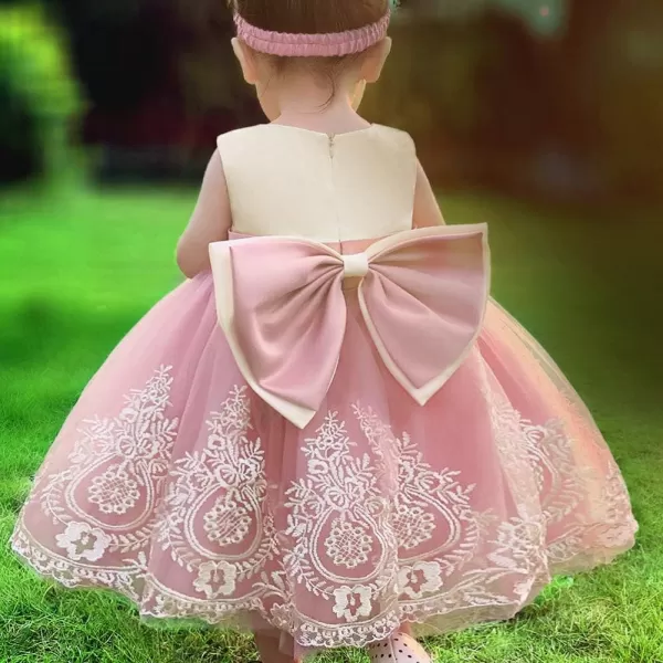 Lace Flower Girl Bowknot Tutu Dress for Kids Baby Christening Baptism Communion Birthday Party Wedding DressesHeadwearDusty Pink