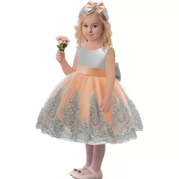 Lace Flower Girl Bowknot Tutu Dress for Kids Baby Christening Baptism Communion Birthday Party Wedding DressesHeadwearGray