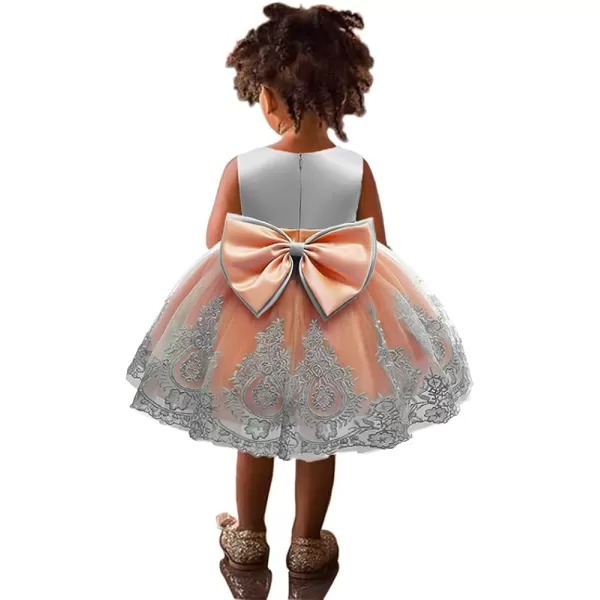 Lace Flower Girl Bowknot Tutu Dress for Kids Baby Christening Baptism Communion Birthday Party Wedding DressesHeadwearGray