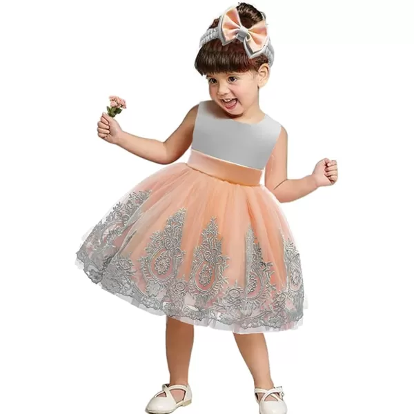 Lace Flower Girl Bowknot Tutu Dress for Kids Baby Christening Baptism Communion Birthday Party Wedding DressesHeadwearGray