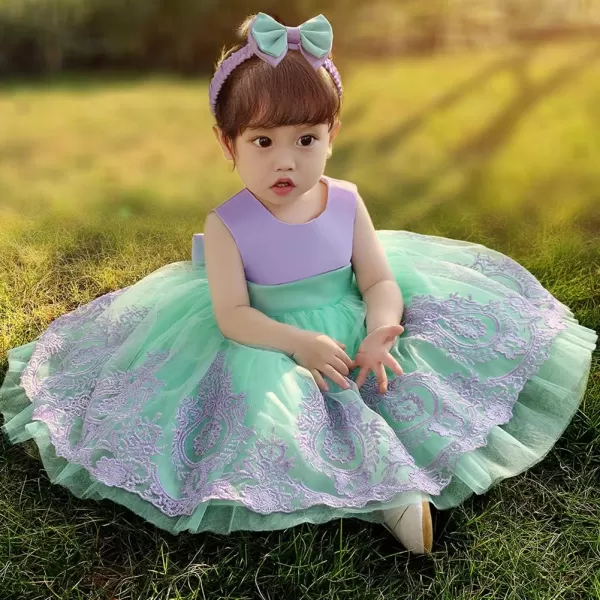 Lace Flower Girl Bowknot Tutu Dress for Kids Baby Christening Baptism Communion Birthday Party Wedding DressesHeadwearPurple  Green