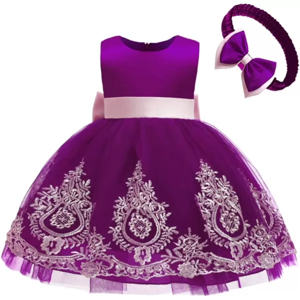 Lace Flower Girl Bowknot Tutu Dress for Kids Baby Christening Baptism Communion Birthday Party Wedding DressesHeadwearPurple