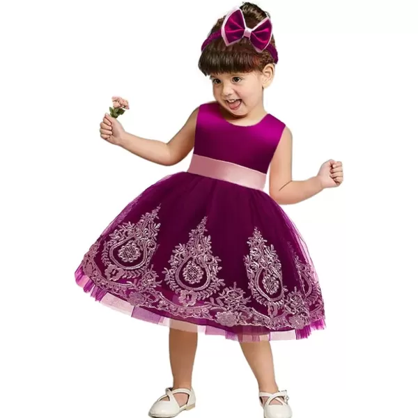 Lace Flower Girl Bowknot Tutu Dress for Kids Baby Christening Baptism Communion Birthday Party Wedding DressesHeadwearPurple