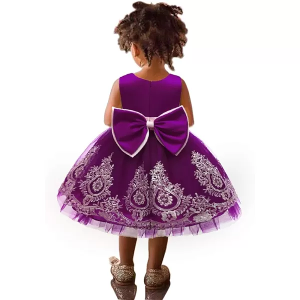 Lace Flower Girl Bowknot Tutu Dress for Kids Baby Christening Baptism Communion Birthday Party Wedding DressesHeadwearPurple