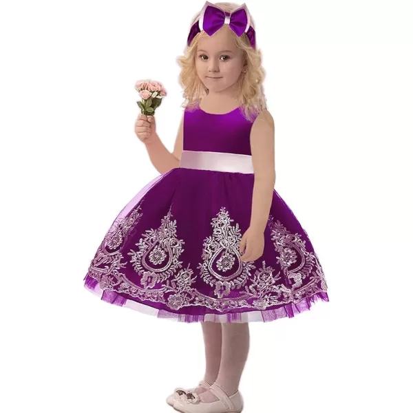 Lace Flower Girl Bowknot Tutu Dress for Kids Baby Christening Baptism Communion Birthday Party Wedding DressesHeadwearPurple