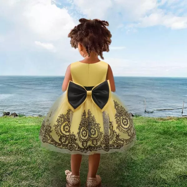 Lace Flower Girl Bowknot Tutu Dress for Kids Baby Christening Baptism Communion Birthday Party Wedding DressesHeadwearYellow