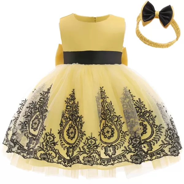 Lace Flower Girl Bowknot Tutu Dress for Kids Baby Christening Baptism Communion Birthday Party Wedding DressesHeadwearYellow