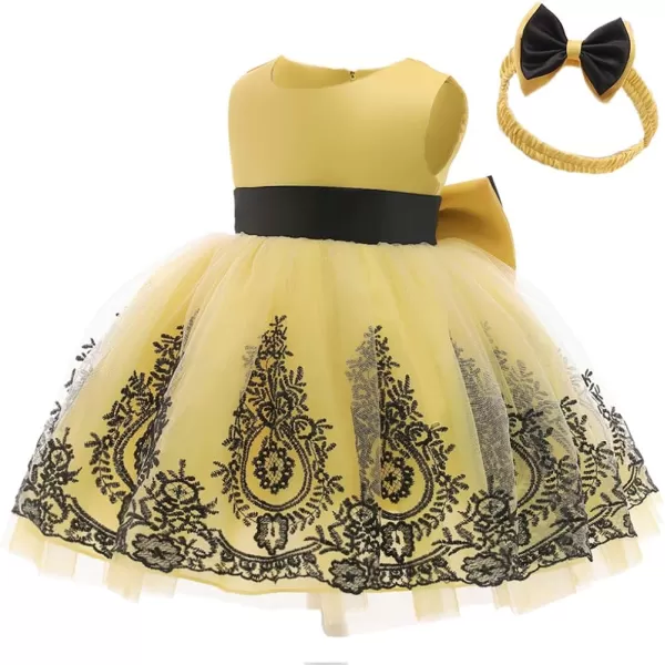 Lace Flower Girl Bowknot Tutu Dress for Kids Baby Christening Baptism Communion Birthday Party Wedding DressesHeadwearYellow