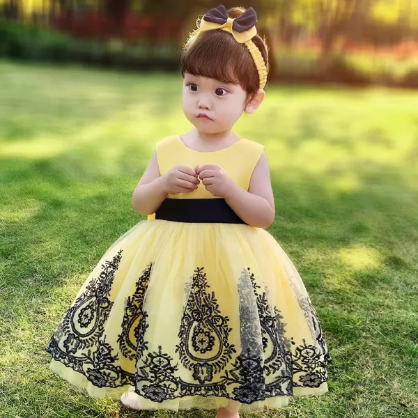 Lace Flower Girl Bowknot Tutu Dress for Kids Baby Christening Baptism Communion Birthday Party Wedding DressesHeadwearYellow