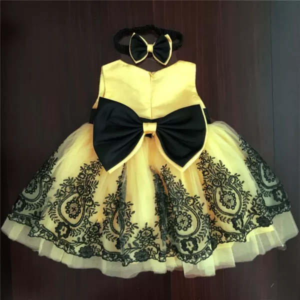 Lace Flower Girl Bowknot Tutu Dress for Kids Baby Christening Baptism Communion Birthday Party Wedding DressesHeadwearYellow