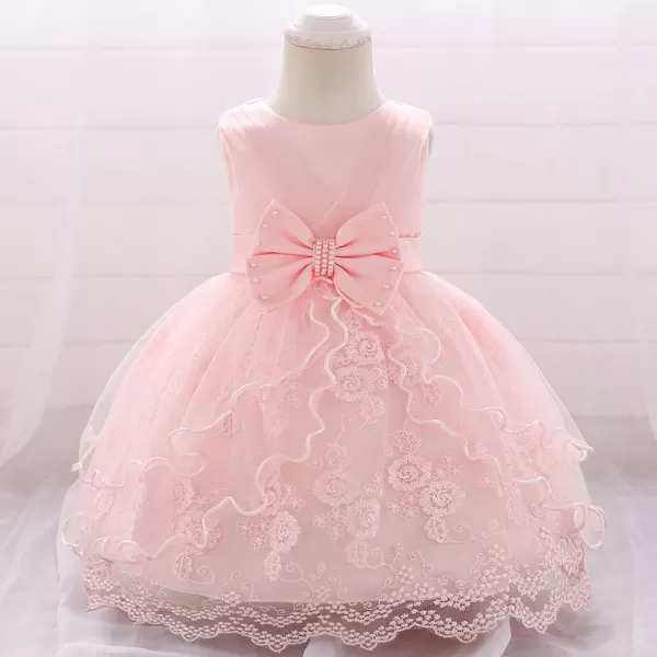 Lace Flower Girls Bowknot Tutu Dress for Baby Infant Christening Baptism Gown Princess Pageant Wedding Party Tulle DressesPink