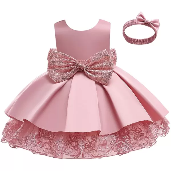 Lace Flower Girls Sequin Bow Tutu Dress for Kids Baby Baptism Communion Birthday Party Formal Wedding DressesHeadwearDusty Pink