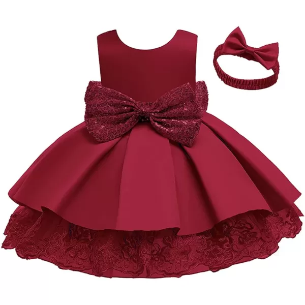 Lace Flower Girls Sequin Bow Tutu Dress for Kids Baby Baptism Communion Birthday Party Formal Wedding DressesHeadwearWine Red