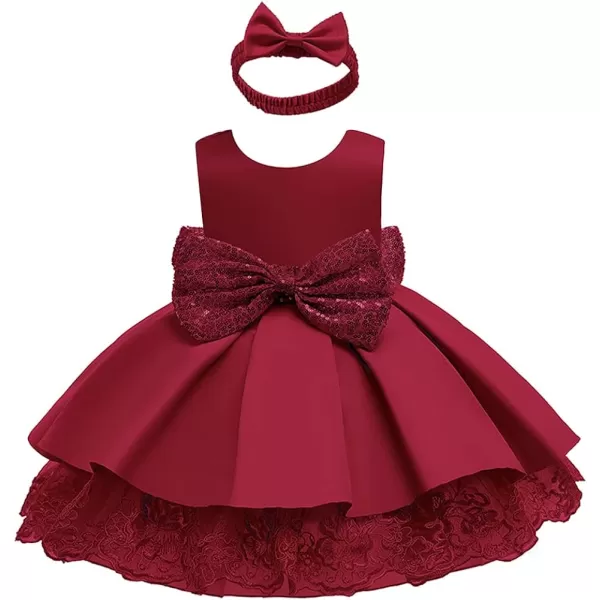 Lace Flower Girls Sequin Bow Tutu Dress for Kids Baby Baptism Communion Birthday Party Formal Wedding DressesHeadwearWine Red