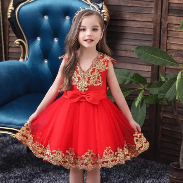 Lace Flower Girls Sequins Bowknot Tutu Dress for Kids Baby Christening Baptism Communion Birthday Party Wedding DressesRed