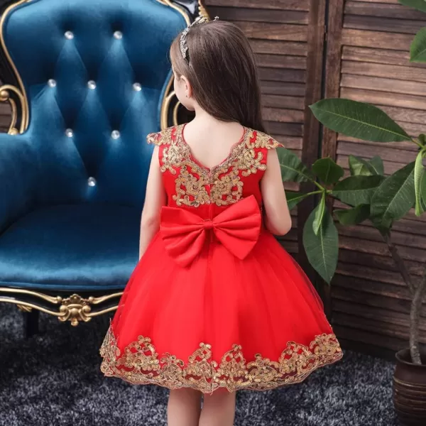 Lace Flower Girls Sequins Bowknot Tutu Dress for Kids Baby Christening Baptism Communion Birthday Party Wedding DressesRed