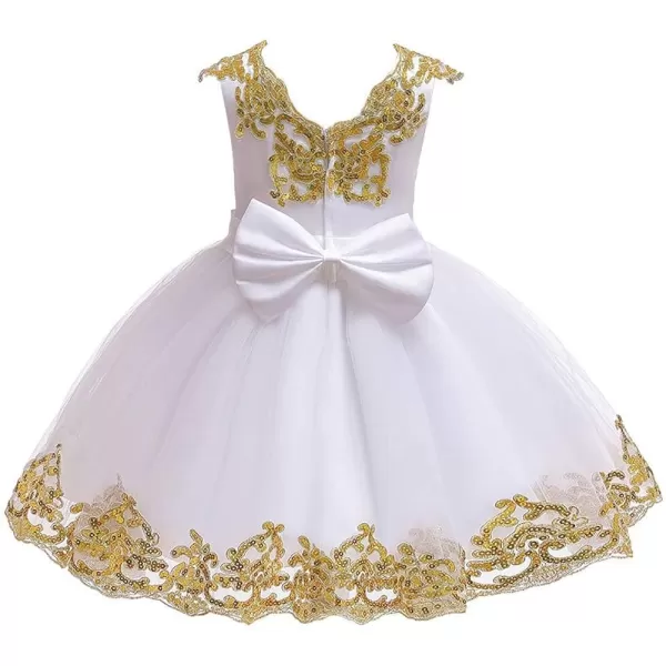 Lace Flower Girls Sequins Bowknot Tutu Dress for Kids Baby Christening Baptism Communion Birthday Party Wedding DressesWhite