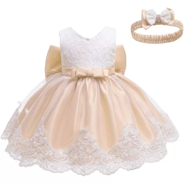 Lace Flower Girls Tutu Dress for Kids Baby Christening Baptism Communion Birthday Party Formal Wedding DressesHeadwearLight Apricot