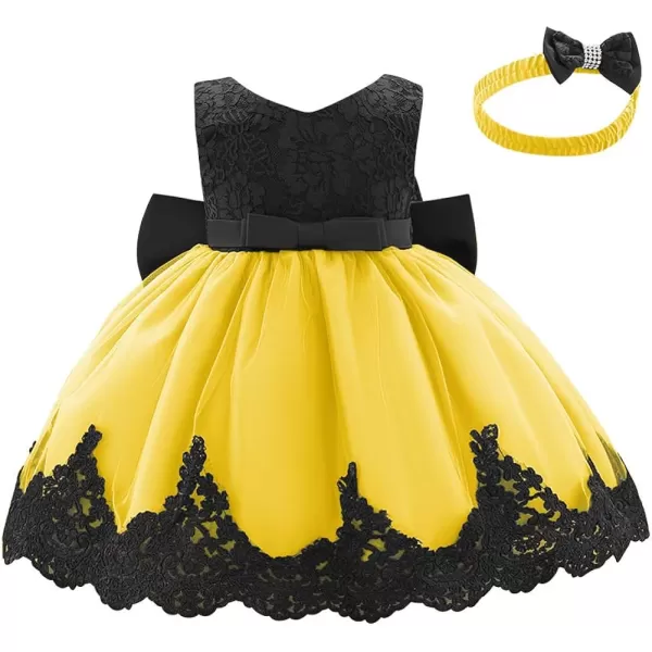 Lace Flower Girls Tutu Dress for Kids Baby Christening Baptism Communion Birthday Party Formal Wedding DressesHeadwearYellow  Black