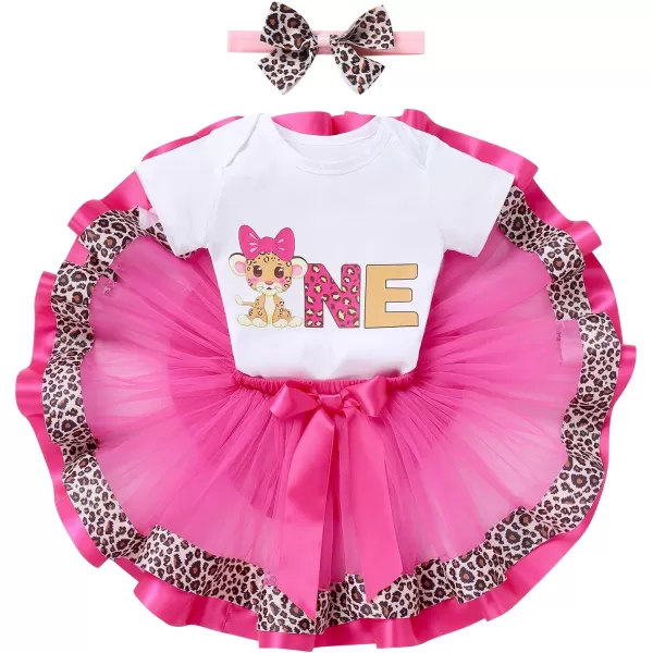 Ladybug Cow Bee 1st Birthday Outfit for Baby Girls Flutter Sleeves Romper Tutu Skirt Headband Bowknot Dress up CostumeHot Pink Leopard  One