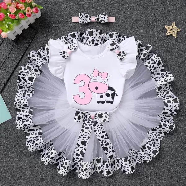 Ladybug Cow Bee 1st Birthday Outfit for Baby Girls Flutter Sleeves Romper Tutu Skirt Headband Bowknot Dress up CostumeWhite Cow  No3