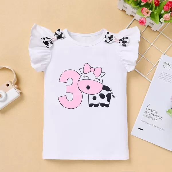 Ladybug Cow Bee 1st Birthday Outfit for Baby Girls Flutter Sleeves Romper Tutu Skirt Headband Bowknot Dress up CostumeWhite Cow  No3