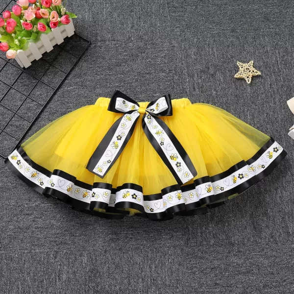 Ladybug Cow Bee 1st Birthday Outfit for Baby Girls Flutter Sleeves Romper Tutu Skirt Headband Bowknot Dress up CostumeYellow Bee One  Bow