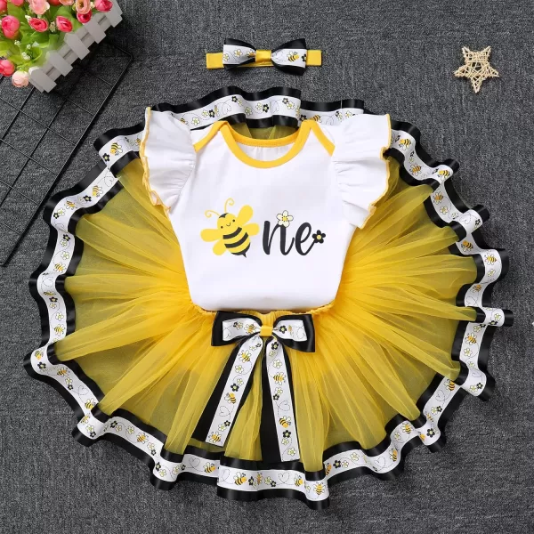 Ladybug Cow Bee 1st Birthday Outfit for Baby Girls Flutter Sleeves Romper Tutu Skirt Headband Bowknot Dress up CostumeYellow Bee One  Bow