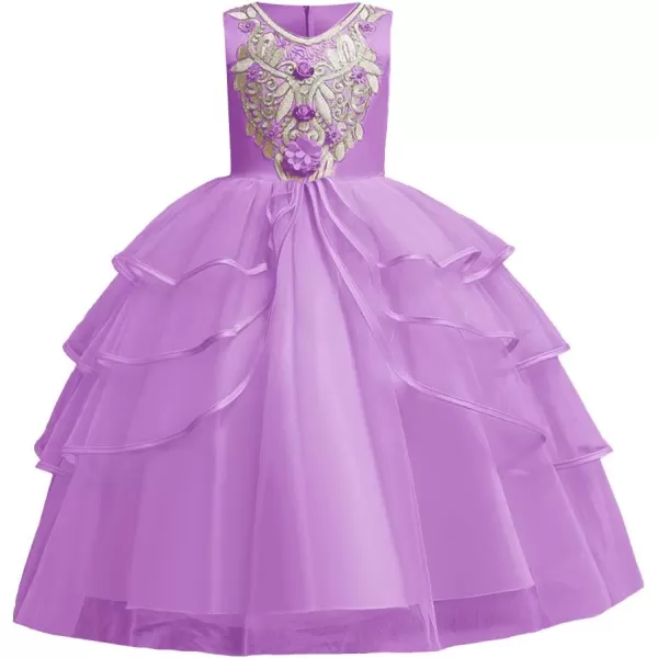 Little Big Girls Flower Lace Long Princess Dress Kids Wedding Bridesmaid Pageant Party Communion Puffy Tulle Ball GownsLight Purple  Sleeveless