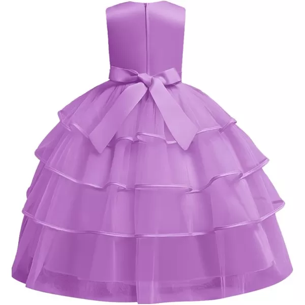 Little Big Girls Flower Lace Long Princess Dress Kids Wedding Bridesmaid Pageant Party Communion Puffy Tulle Ball GownsLight Purple  Sleeveless