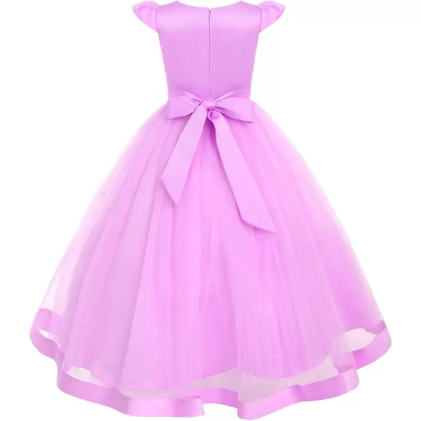 Little Big Girls Flower Lace Long Princess Dress Kids Wedding Bridesmaid Pageant Party Communion Puffy Tulle Ball GownsLight Purple