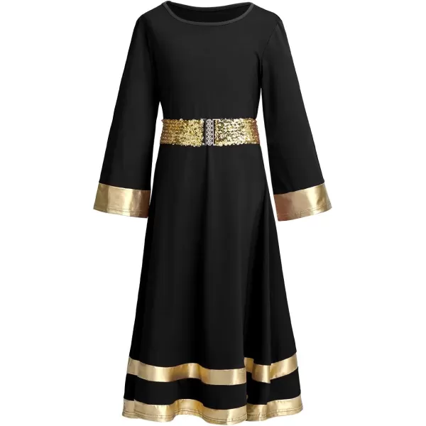 LittleBig Girls Metallic Gold Bell Long Sleeve Praise Dance Dress  Sequins Waistband Liturgical Worship Dancewear SetBlack