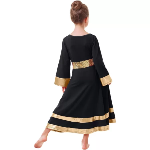 LittleBig Girls Metallic Gold Bell Long Sleeve Praise Dance Dress  Sequins Waistband Liturgical Worship Dancewear SetBlack