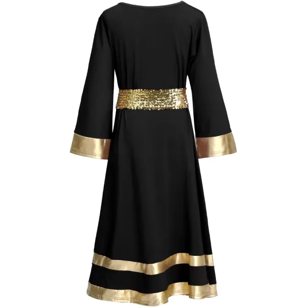 LittleBig Girls Metallic Gold Bell Long Sleeve Praise Dance Dress  Sequins Waistband Liturgical Worship Dancewear SetBlack