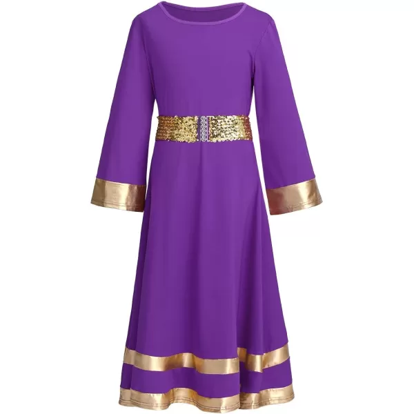 LittleBig Girls Metallic Gold Bell Long Sleeve Praise Dance Dress  Sequins Waistband Liturgical Worship Dancewear SetPurple