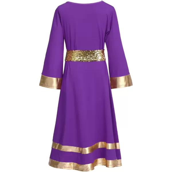 LittleBig Girls Metallic Gold Bell Long Sleeve Praise Dance Dress  Sequins Waistband Liturgical Worship Dancewear SetPurple