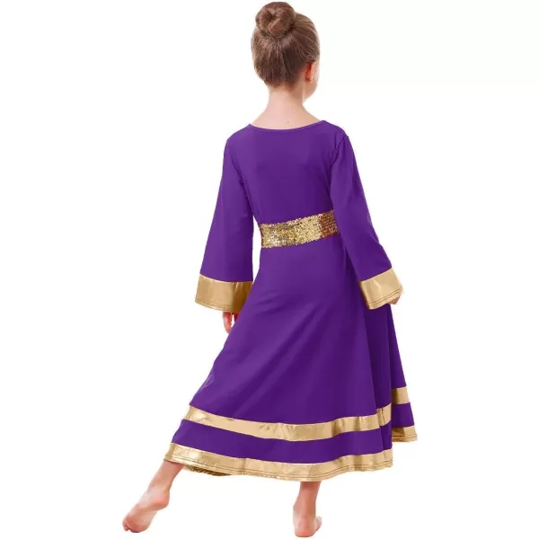 LittleBig Girls Metallic Gold Bell Long Sleeve Praise Dance Dress  Sequins Waistband Liturgical Worship Dancewear SetPurple