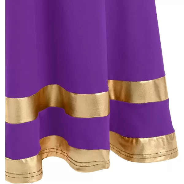 LittleBig Girls Metallic Gold Bell Long Sleeve Praise Dance Dress  Sequins Waistband Liturgical Worship Dancewear SetPurple