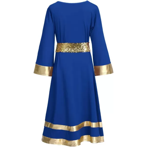 LittleBig Girls Metallic Gold Bell Long Sleeve Praise Dance Dress  Sequins Waistband Liturgical Worship Dancewear SetRoyal Blue