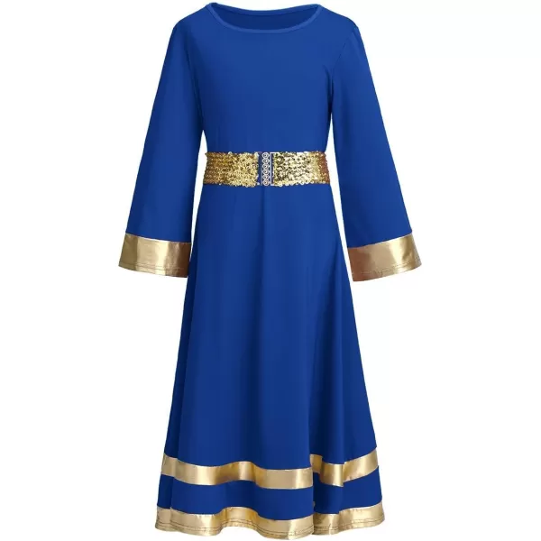 LittleBig Girls Metallic Gold Bell Long Sleeve Praise Dance Dress  Sequins Waistband Liturgical Worship Dancewear SetRoyal Blue