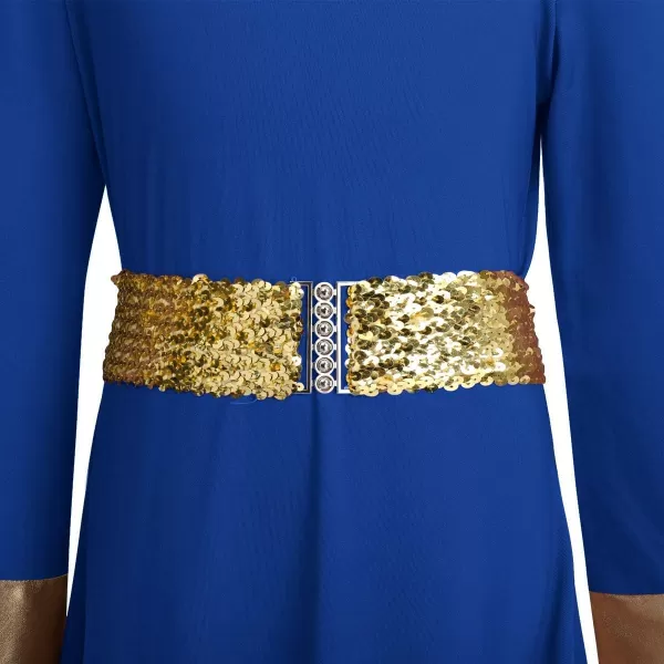 LittleBig Girls Metallic Gold Bell Long Sleeve Praise Dance Dress  Sequins Waistband Liturgical Worship Dancewear SetRoyal Blue