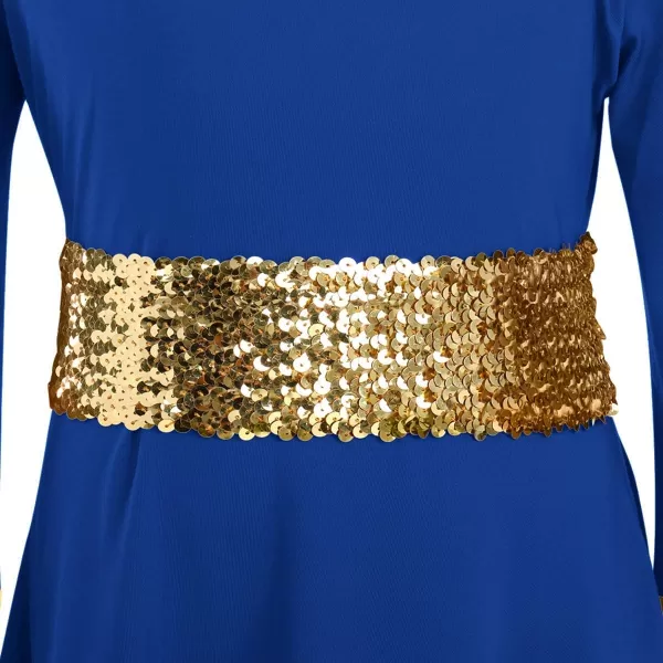 LittleBig Girls Metallic Gold Bell Long Sleeve Praise Dance Dress  Sequins Waistband Liturgical Worship Dancewear SetRoyal Blue