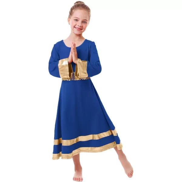 LittleBig Girls Metallic Gold Bell Long Sleeve Praise Dance Dress  Sequins Waistband Liturgical Worship Dancewear SetRoyal Blue