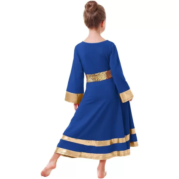 LittleBig Girls Metallic Gold Bell Long Sleeve Praise Dance Dress  Sequins Waistband Liturgical Worship Dancewear SetRoyal Blue