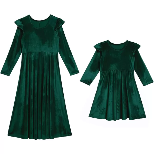 Mommy and Me Dress Ruffle Long Sleeve Casual Christmas Party Velvet Dress Mother Daughter Family Matching Dress ClothesGreen