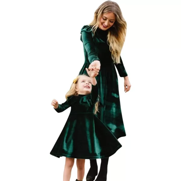 Mommy and Me Dress Ruffle Long Sleeve Casual Christmas Party Velvet Dress Mother Daughter Family Matching Dress ClothesGreen