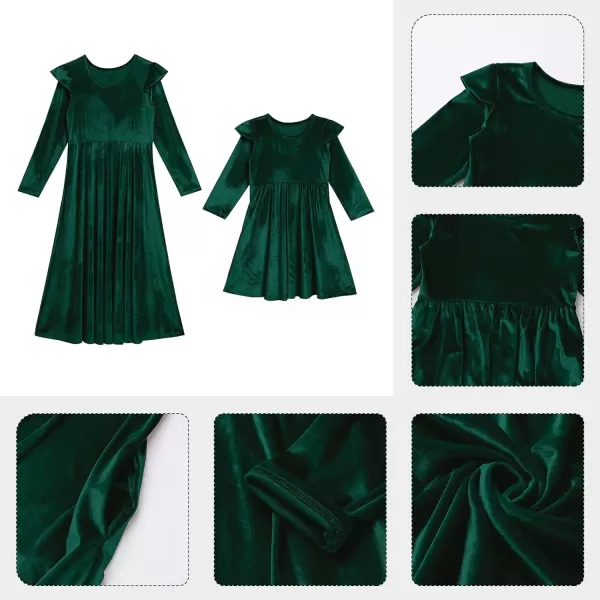 Mommy and Me Dress Ruffle Long Sleeve Casual Christmas Party Velvet Dress Mother Daughter Family Matching Dress ClothesGreen
