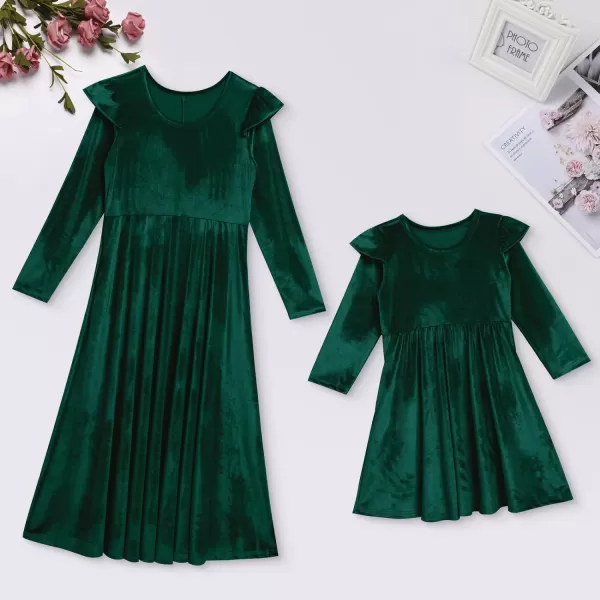 Mommy and Me Dress Ruffle Long Sleeve Casual Christmas Party Velvet Dress Mother Daughter Family Matching Dress ClothesGreen