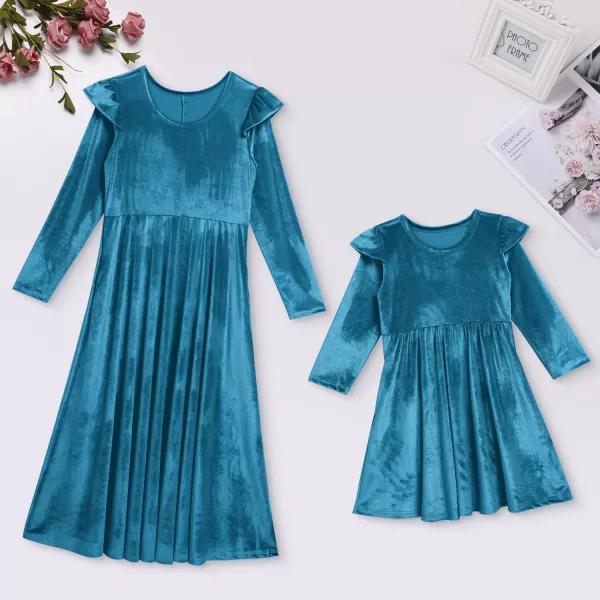 Mommy and Me Dress Ruffle Long Sleeve Casual Christmas Party Velvet Dress Mother Daughter Family Matching Dress ClothesLake Blue